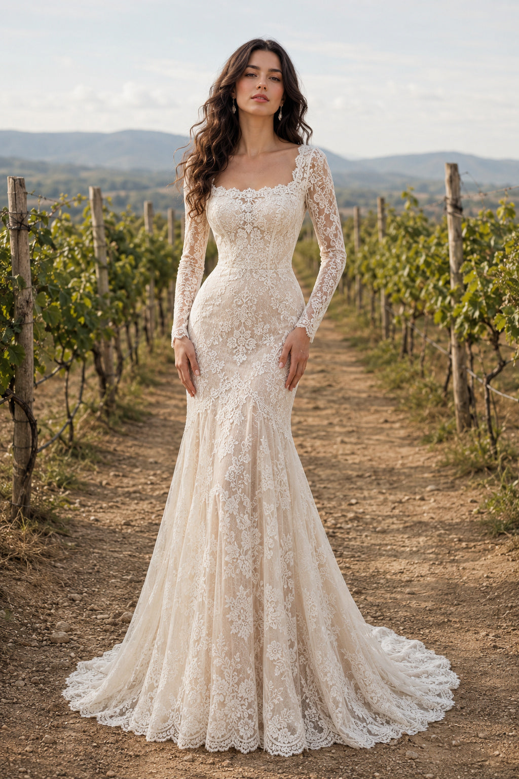 Ivory Square Neck Long Sleeve Lace Mermaid Wedding Dress with Low-V Back and Train front view