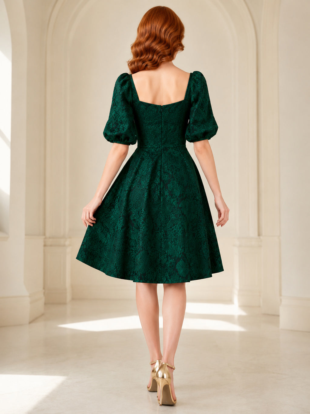 Dark Green Sweetheart Puff Sleeve A-Line Cocktail Dress back view