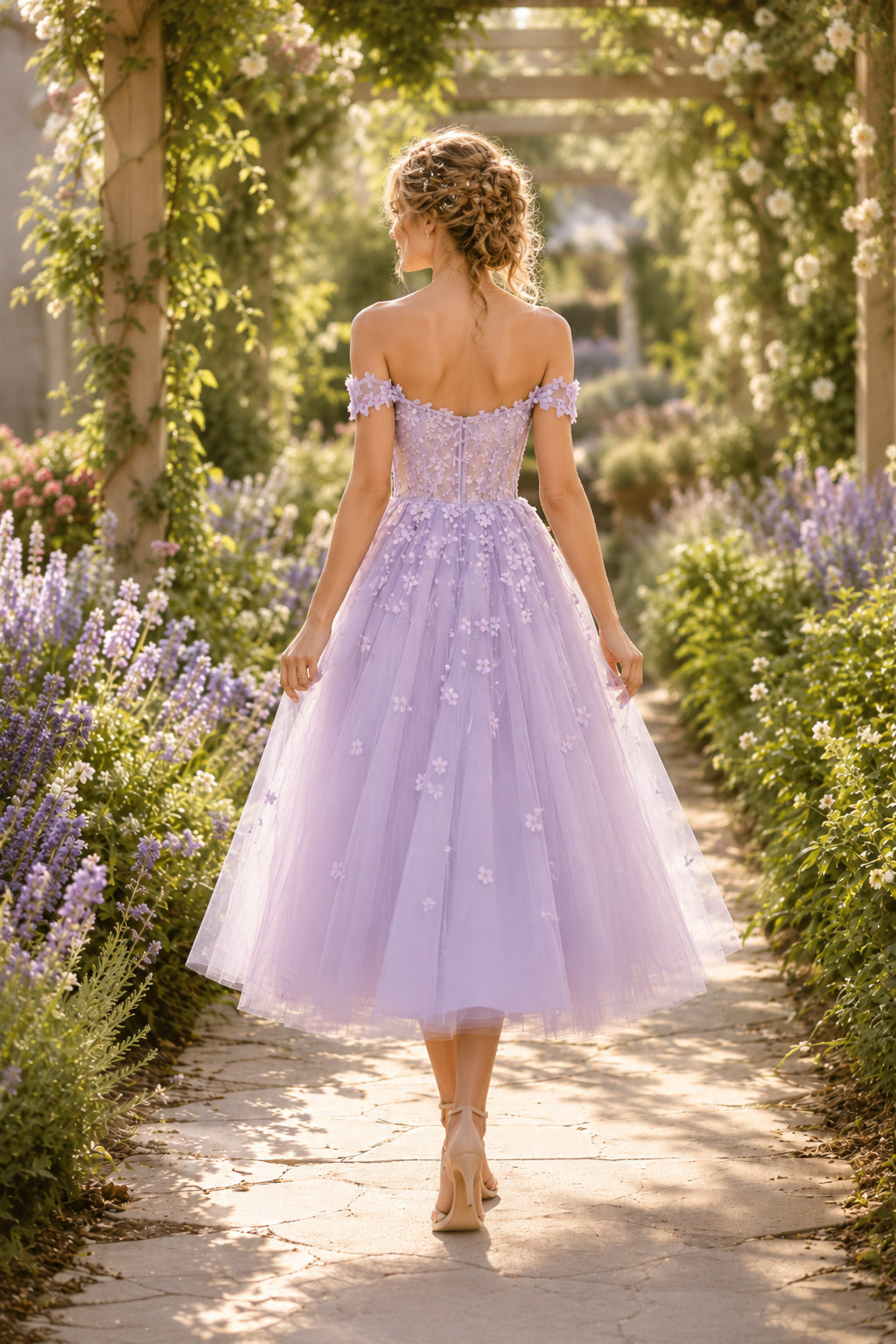 Lavender Off Shoulder Lace Applique Bodice with Tulle Skirt Tea Length A-Line Homecoming Dress back view