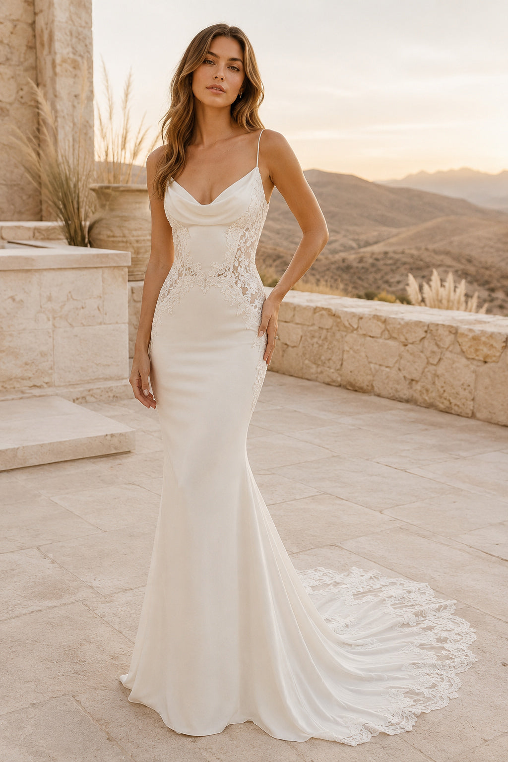 Ivory Spaghetti Strap Crepe Mermaid Wedding Dress with Lace Train and Low Back front view