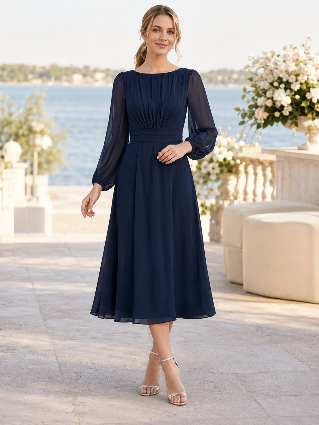 Dark Navy Bateau Neck Sheer Sleeve Midi Guest Dress front view