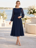 Dark Navy Bateau Neck Sheer Sleeve Midi Guest Dress front view