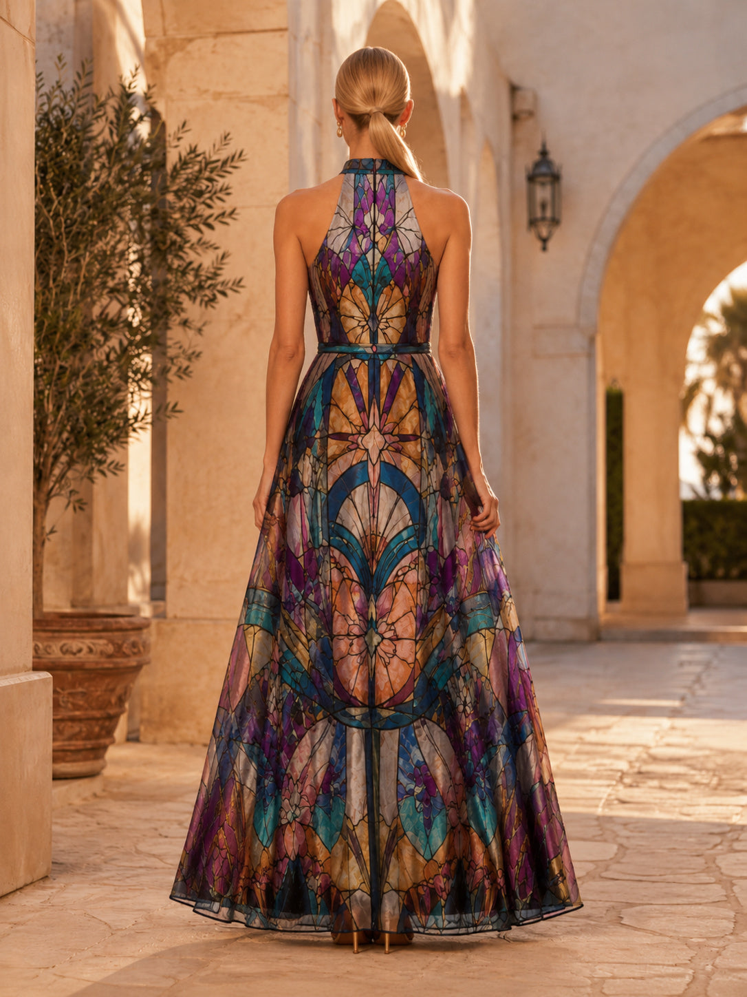 Stained Glass Halter Illusion A Line Evening Maxi Dress back view