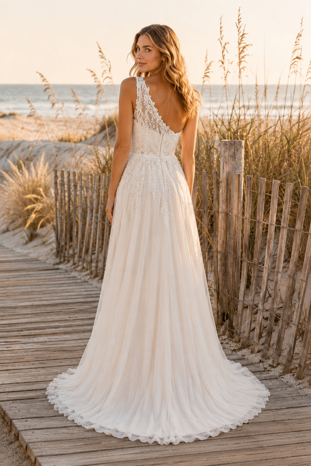 Ivory One Shoulder Lace Chiffon A-Line Wedding Dress Split Front for Bridal Ceremony and Reception back view