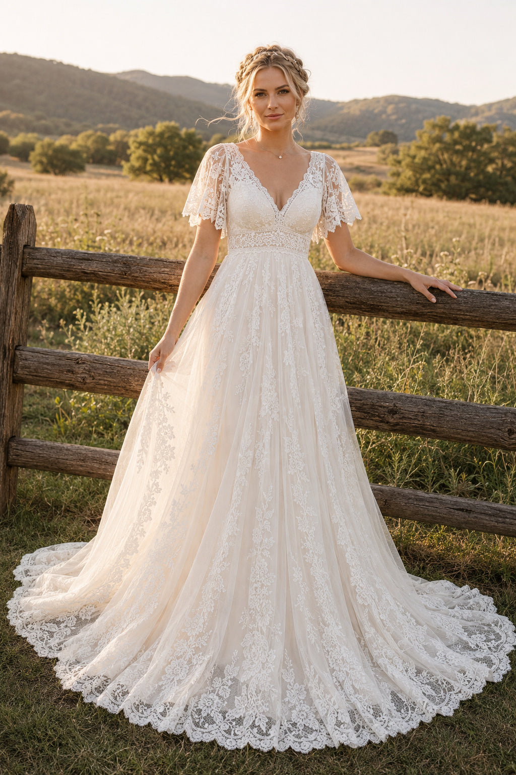 Ivory Cap Sleeve Chiffon A-Line Wedding Dress with V-Neck and Low Back front view