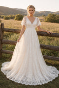 Ivory Cap Sleeve Chiffon A-Line Wedding Dress with V-Neck and Low Back front view
