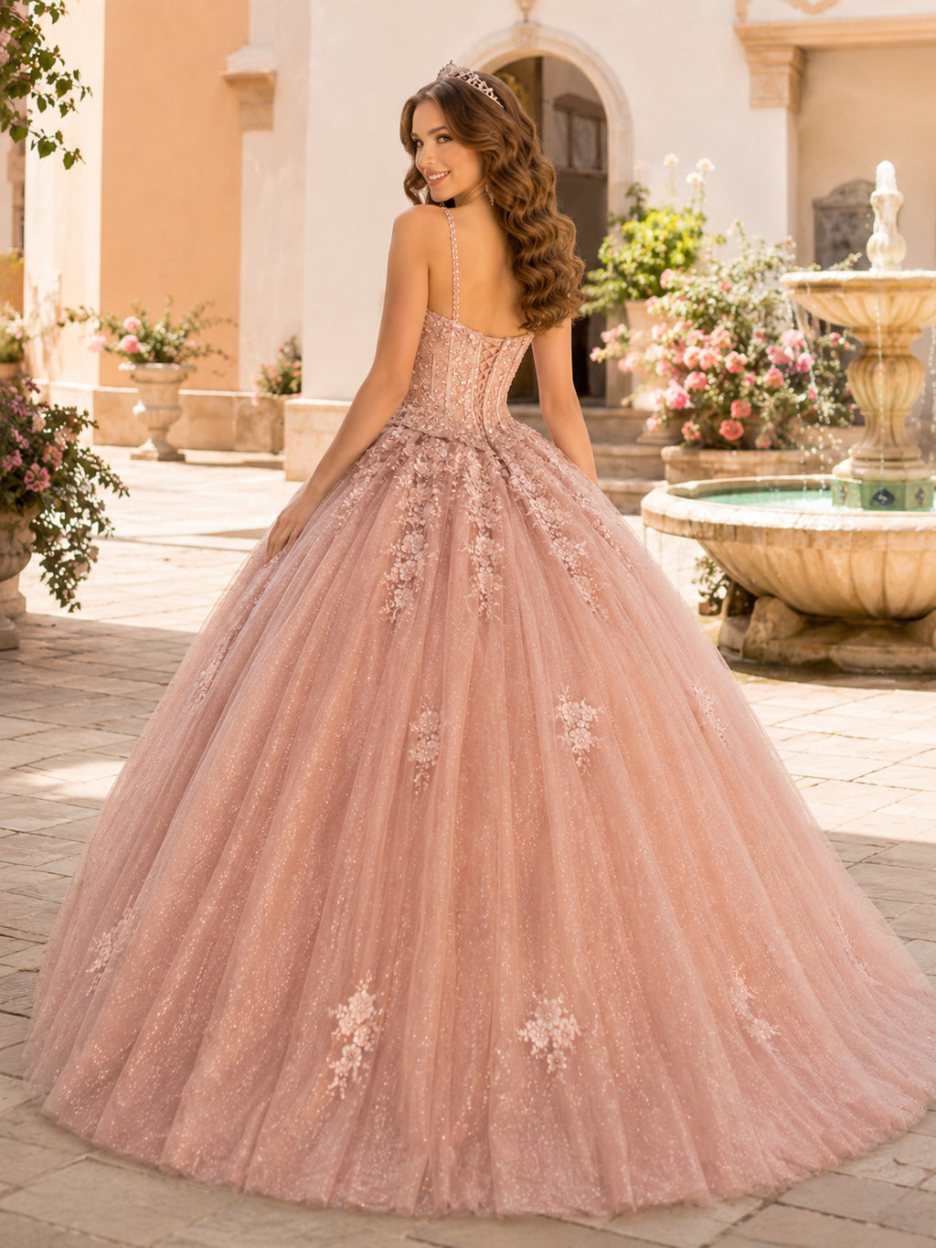Rose Gold Luxury V Neck Straps Floral Layered Glitter Quinceanera Princess Ball Gown back view