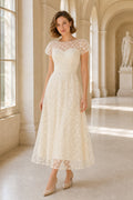 Champagne Bateau Short Sleeves A-Line Lace Tea-length Dress With Lace