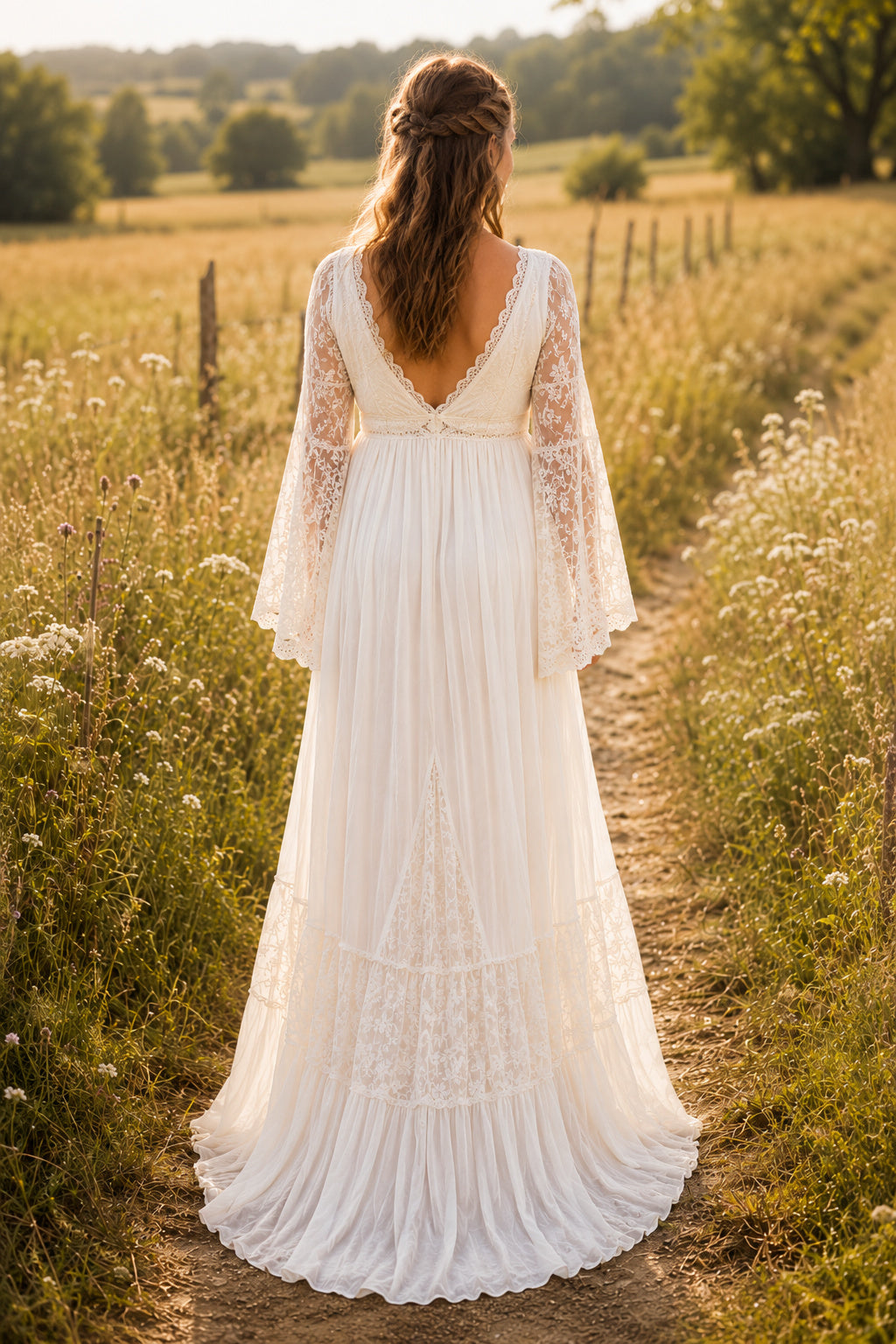 Ivory Maternity V-Neck Bell Sleeve Lace A-Line Wedding Dress with Split Front back view