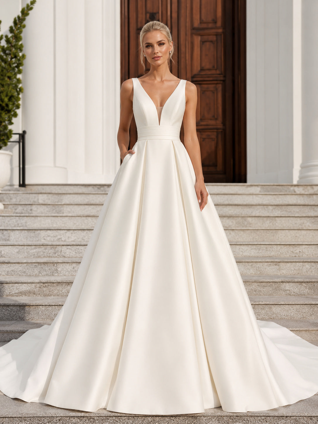 Minimalist Satin Wedding Dress A-Line V-Neck Sleeveless Court Train Bridal Gown front view