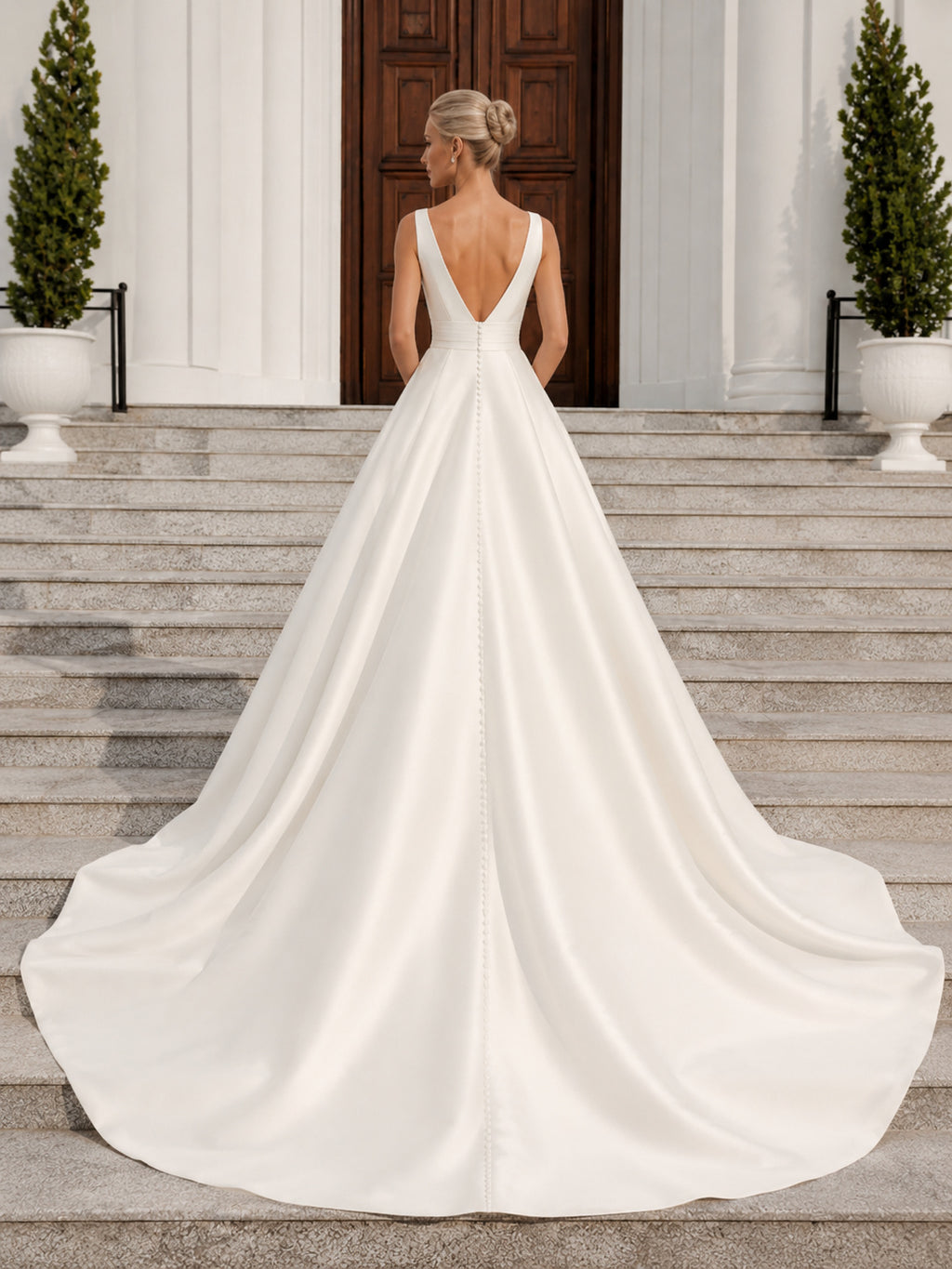 Minimalist Satin Wedding Dress A-Line V-Neck Sleeveless Court Train Bridal Gown back view