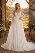 Ivory V-Neck Long Sleeve Lace A-Line Wedding Dress with Applique Skirt and Chapel Train front view