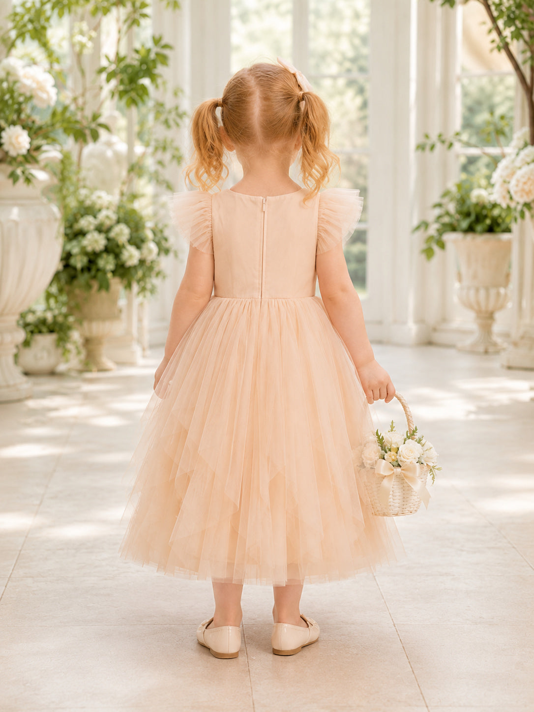 A-Line Petal Tulle Flower Girl Dress Jewel Neckline Tea-length and A Satin Sash And Bow Accent back view