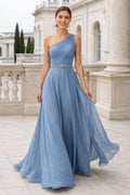 Sky Blue One Shoulder Chiffon A-Line Dress with Beaded Waist front view