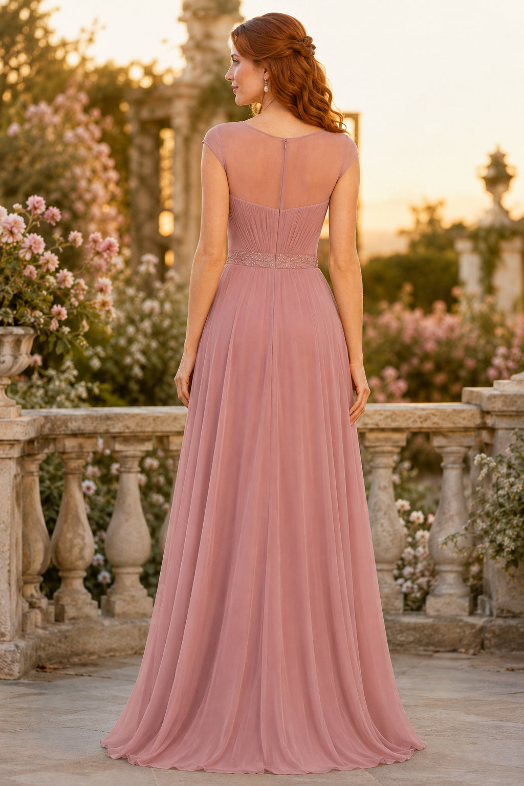 Plus Size Dusty Rose Chiffon A-Line Bridesmaid Dress with Jewel Neck and Pleated Skirt back view