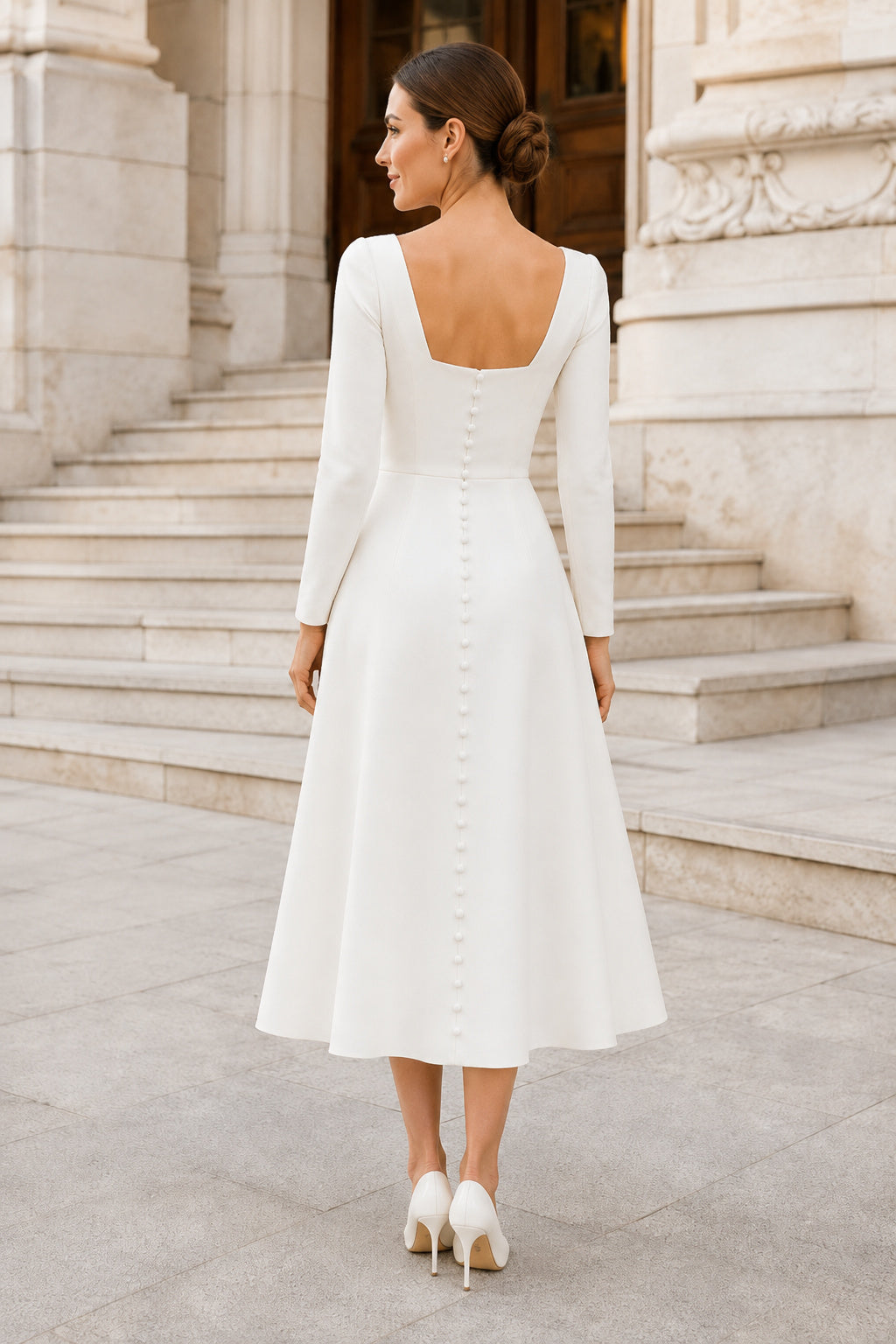 Square Neck Long Sleeve Satin Tea-Length Wedding Dress back view