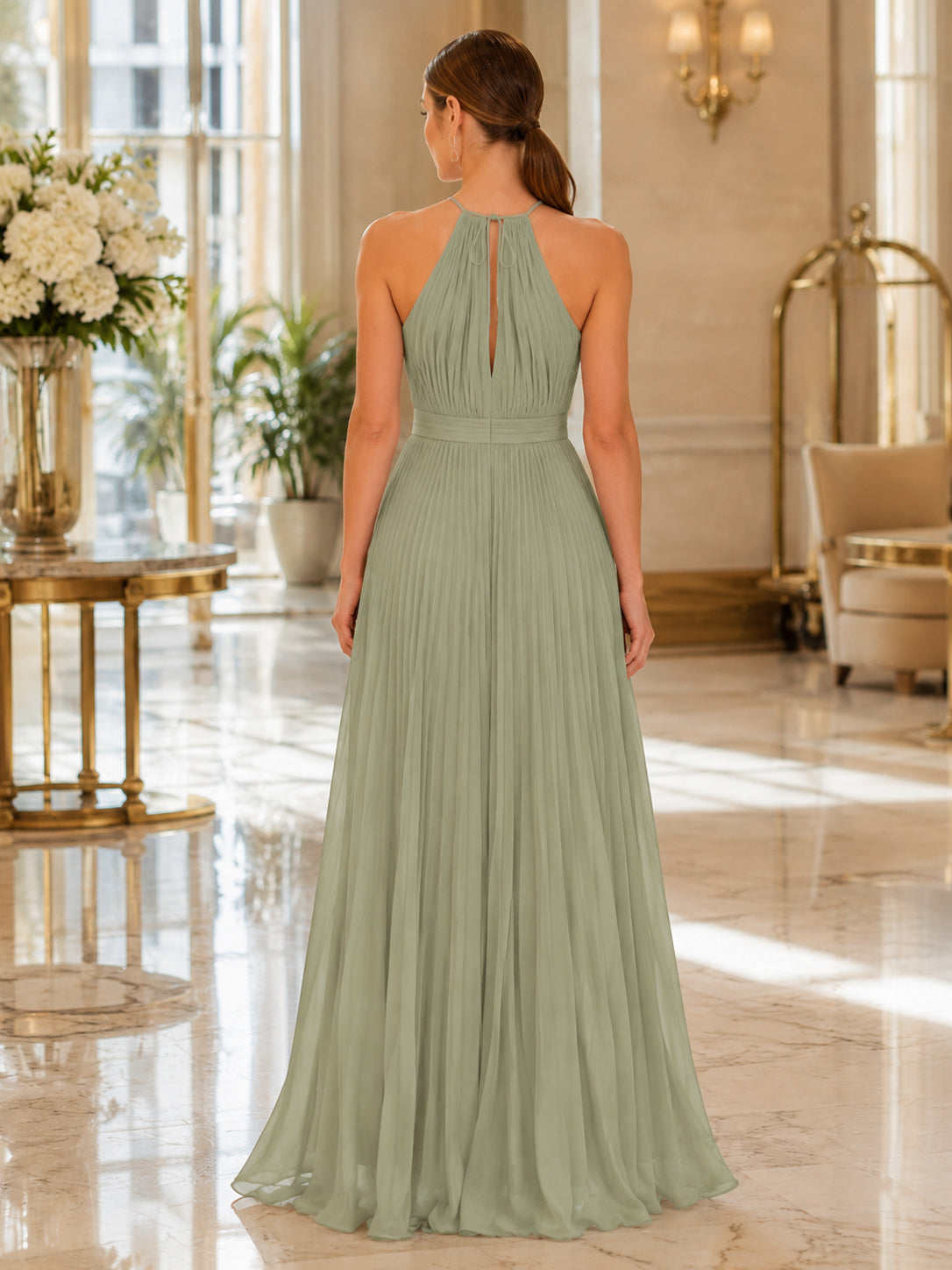 Sage Halter Keyhole Pleated Chiffon Formal Dress back view