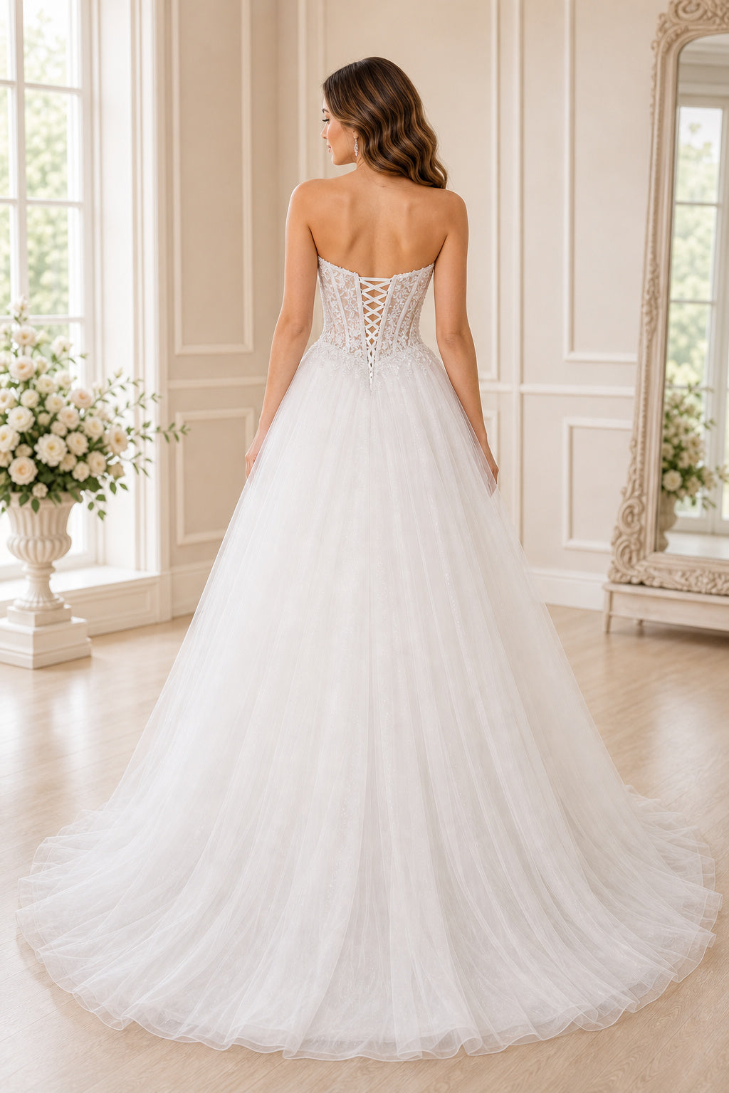 Champagne Sweetheart Ball Gown Tulle Floor-length Wedding Dress With Lace and Appliques and Lace-up Back