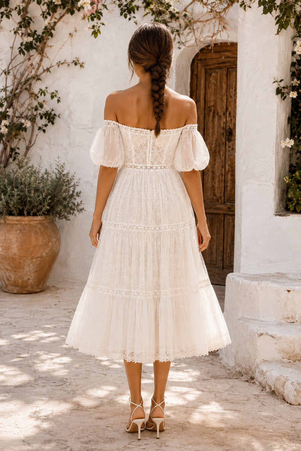 Off-the-Shoulder Tea-Length Wedding Dress with Puff Sleeves and Lace Trim back view