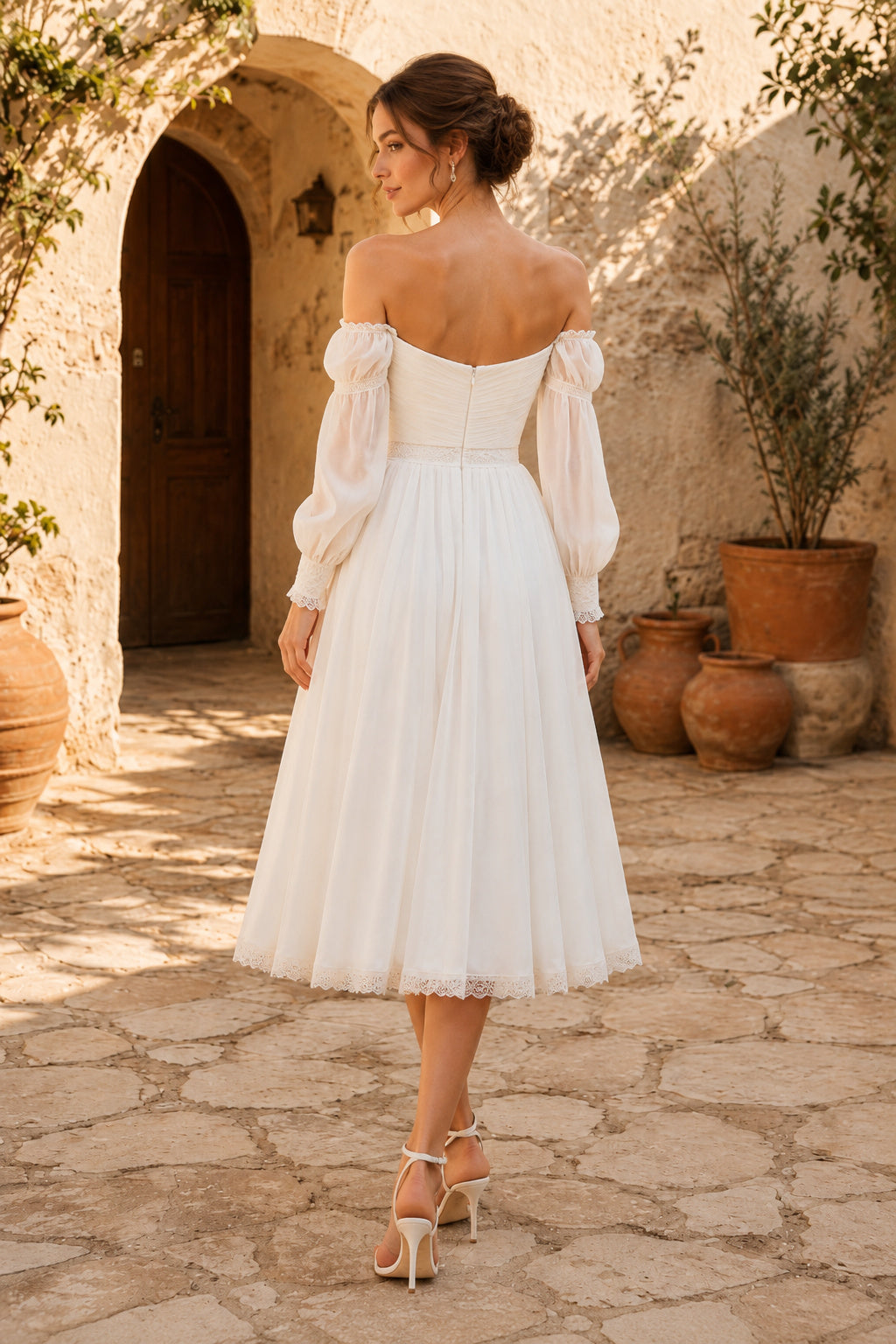 Ivory Off Shoulder Detachable Puff Sleeve Tulle Tea Length Dress for Wedding Reception and Party back view