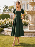 Dark Green Square Neck Puff Sleeve Satin Tea Guest Dress front view