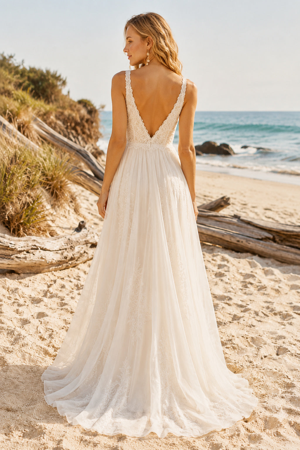 Beach V-Neck Strap A-Line Wedding Dress with Simple Chiffon Skirt and Low Back for Beach Garden Ceremony back view