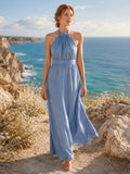 Dusty Blue Halter Neck Gathered Floor Length A Line Coastal Dress front view
