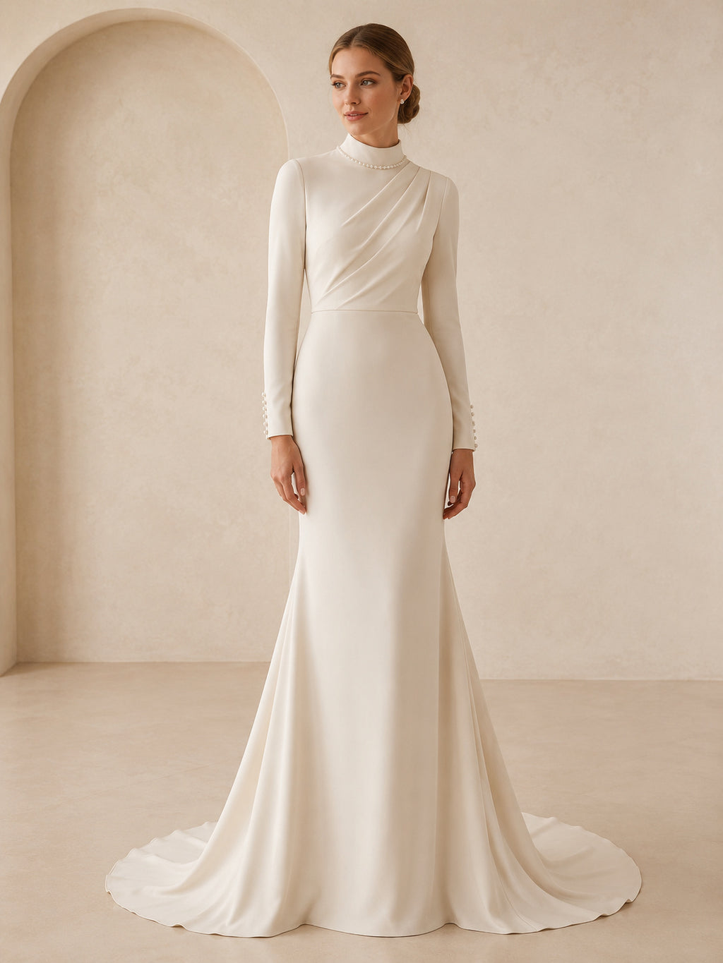 Champagne Draped High Neck Long Sleeve Sheath Bridal Gown front view