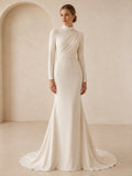 Champagne Draped High Neck Long Sleeve Sheath Bridal Gown front view
