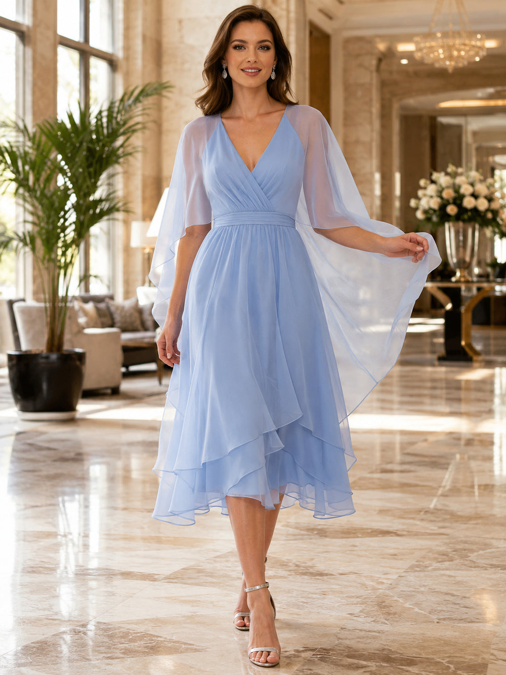 Sky Blue V-neck Organza Overlay Midi Dress front view