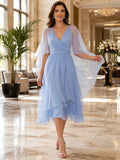 Sky Blue V-neck Organza Overlay Midi Dress front view