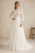 High Neck Long Sleeve A-Line Wedding Dress with Lace Bodice and Simple Chiffon Train front view