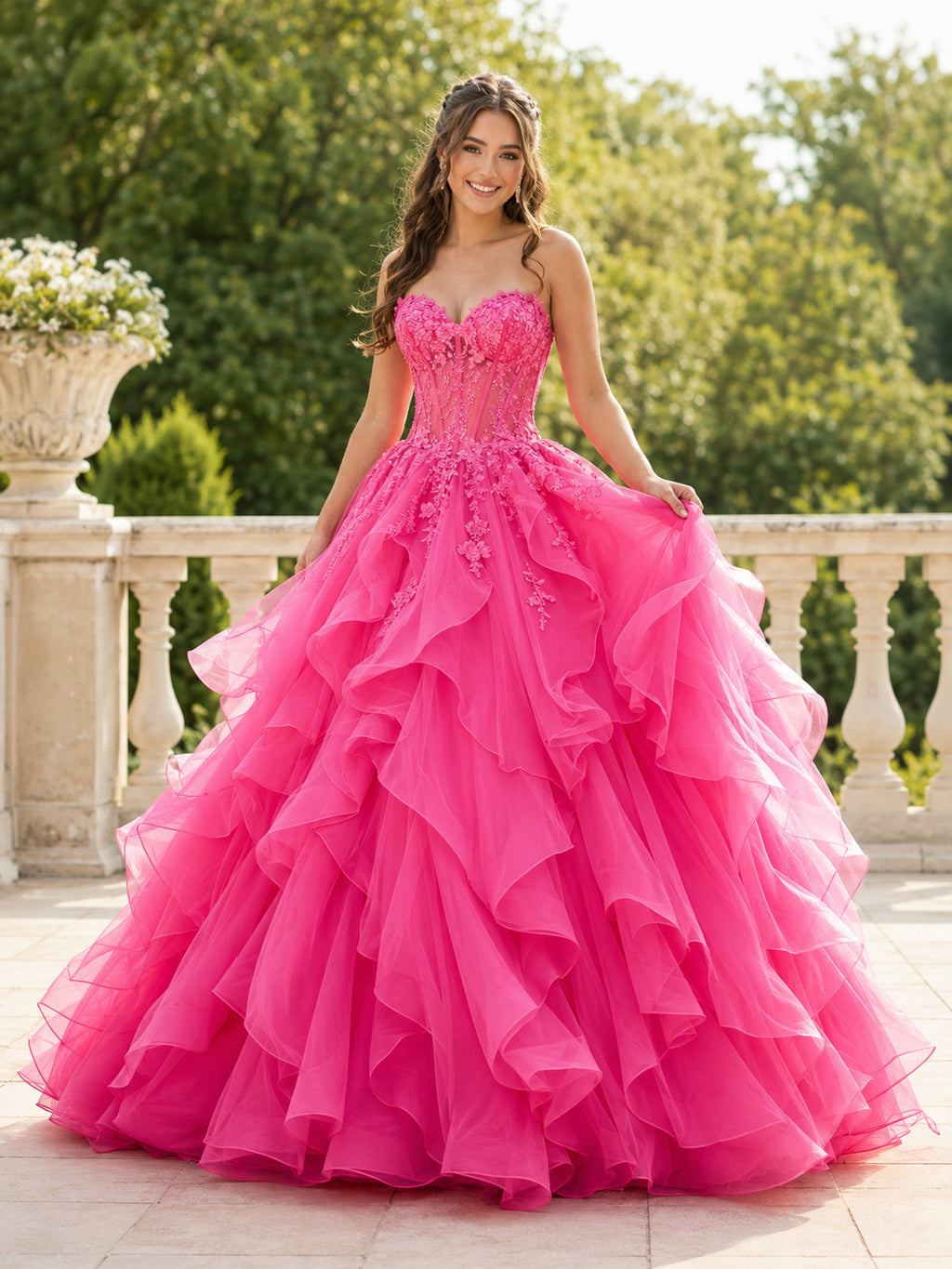 Fuchsia Luxury Strapless Floral Applique Cascading Ruffle Quinceanera Princess Ball Gown front view