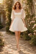 Ivory Square Neck Puff Sleeve Tulle Mini Wedding Dress with Simple A-Line Skirt for Garden Reception front view