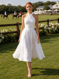 White Halter Pleated A Line Polo Lawn Midi Dress front view
