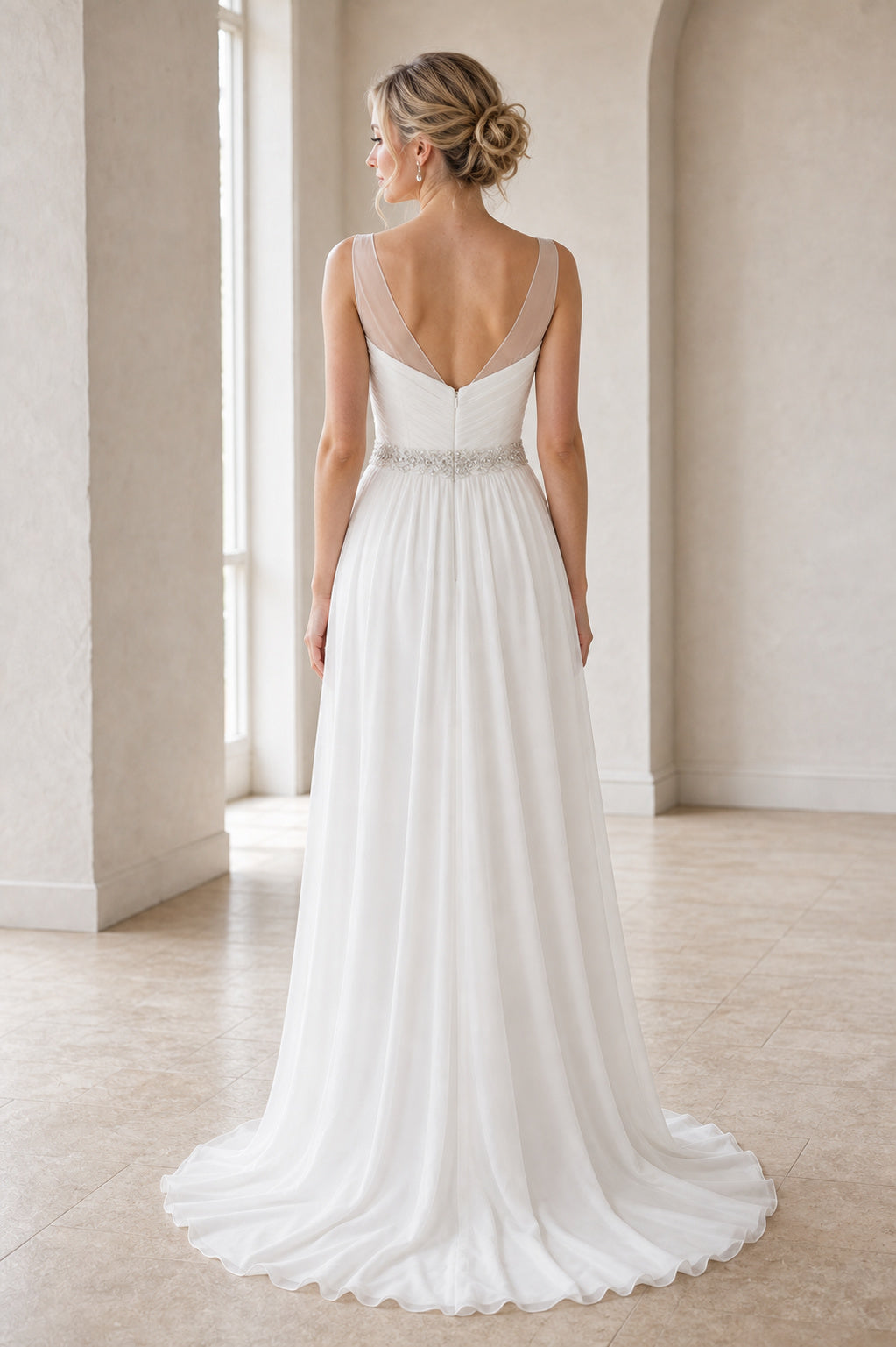 White Bateau Cap Sleeves Sheath Crepe Floor-length Wedding Dress With Beaded Bodice and Pleated Skirt and Open Back