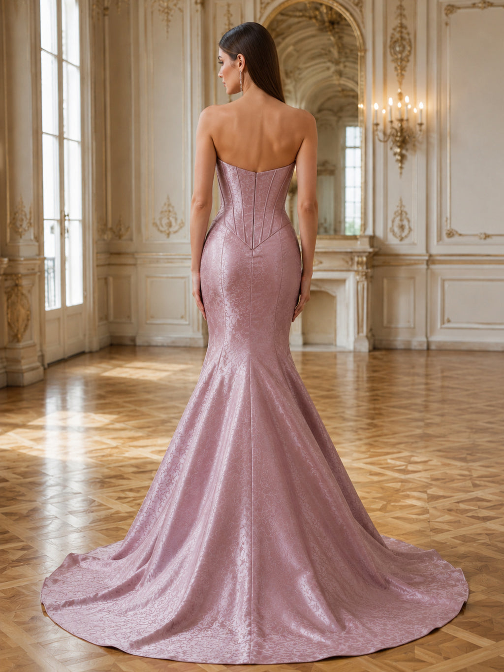 Dusk Strapless Ruched Satin Mermaid Sweep Train Wedding Dress back view