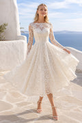 Ivory High Neck Long Sleeve Lace Tulle Tea-Length Wedding Dress with Long Lace Sleeves and Scalloped Hem front view