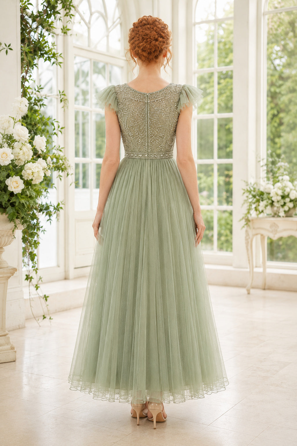 Sage Cap Sleeve Lace Bodice with Tea Length Tulle Skirt Tea Length A-Line Homecoming Dress back view
