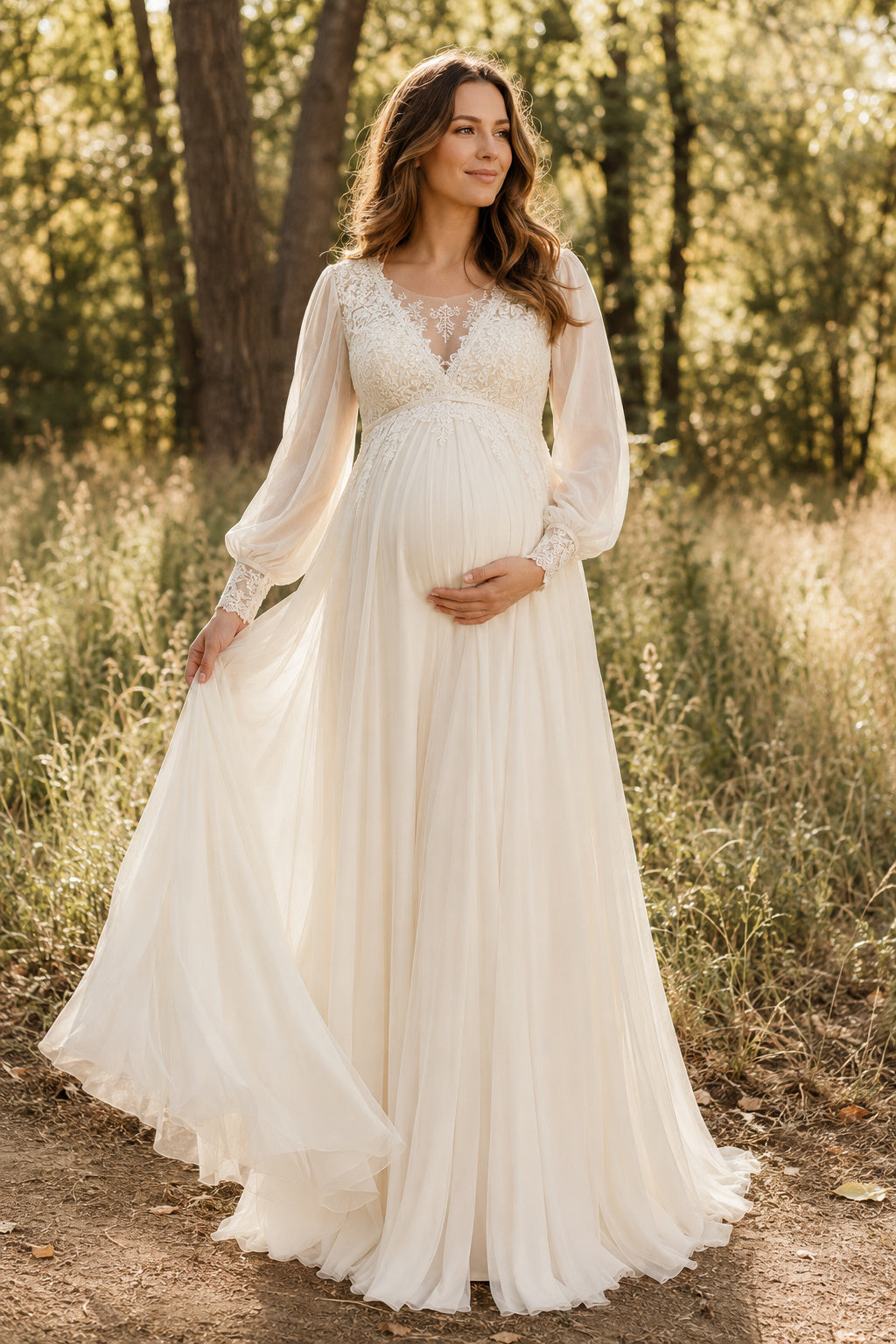 Ivory Maternity V-Neck Long Sleeve Chiffon A-Line Wedding Dress with Lace Back front view