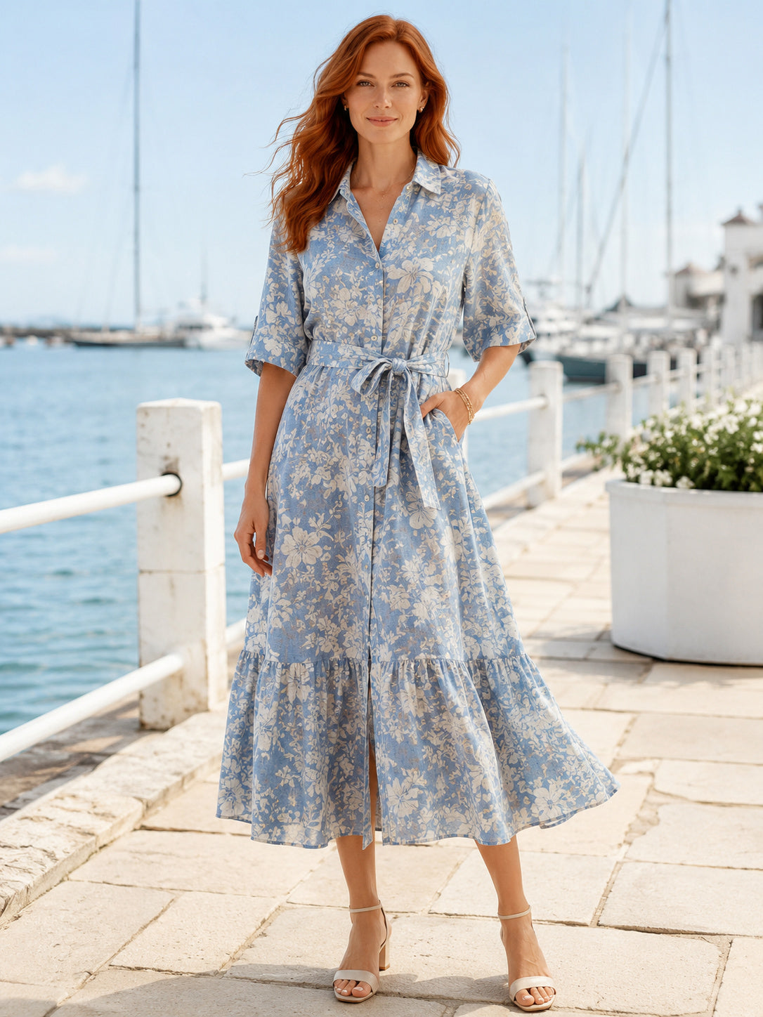 Sky Blue Collared Half Sleeve Floral Linen A Line Tea Coastal Guest Dress front view