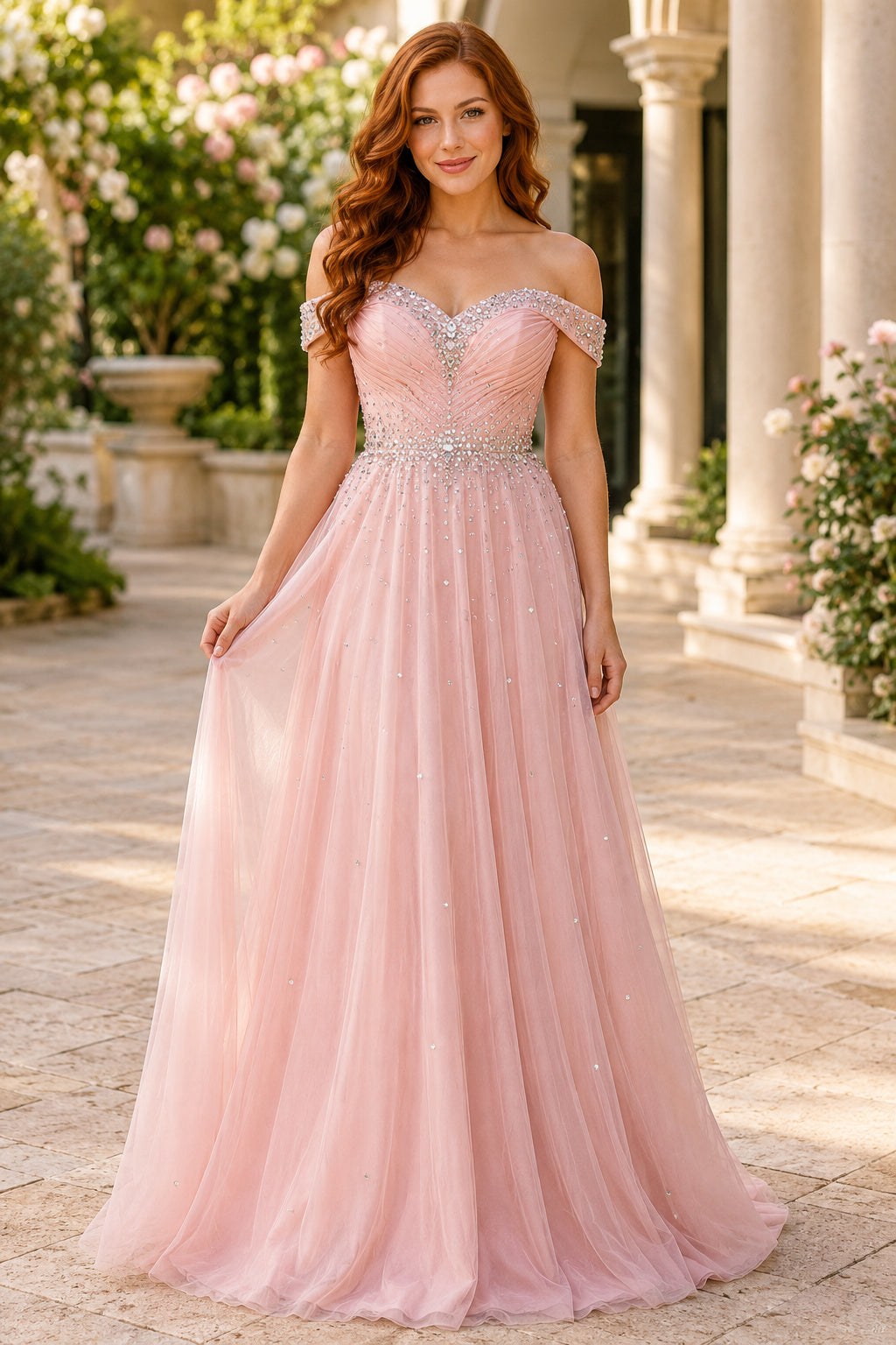 Blushing Pink Off-the-Shoulder Tulle A-Line Prom Dress with Beaded Waist for Garden Party front view