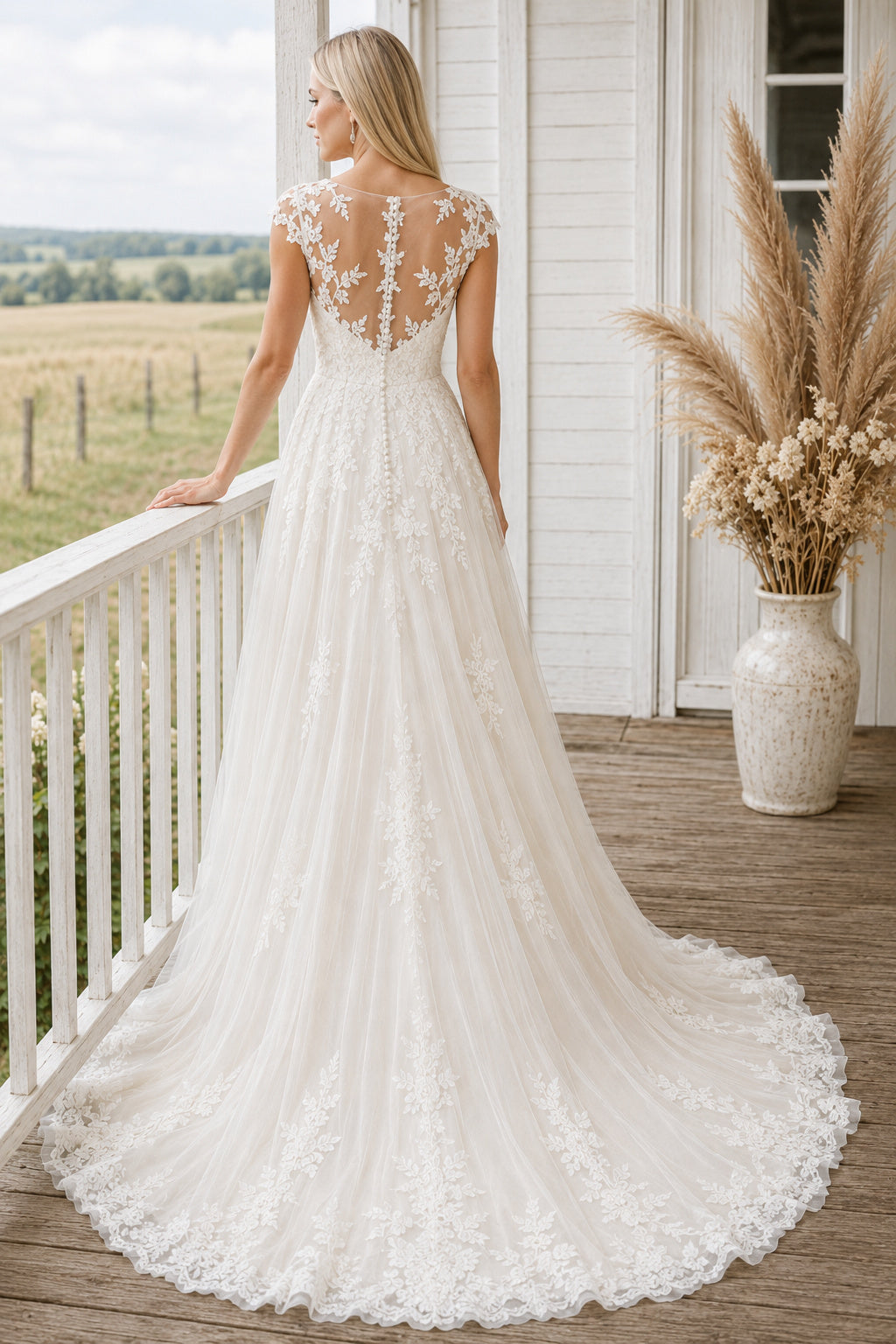 Illusion Bateau A-Line Wedding Dress with Lace Applique Bodice and Soft Train for Rustic Garden Ceremony back view
