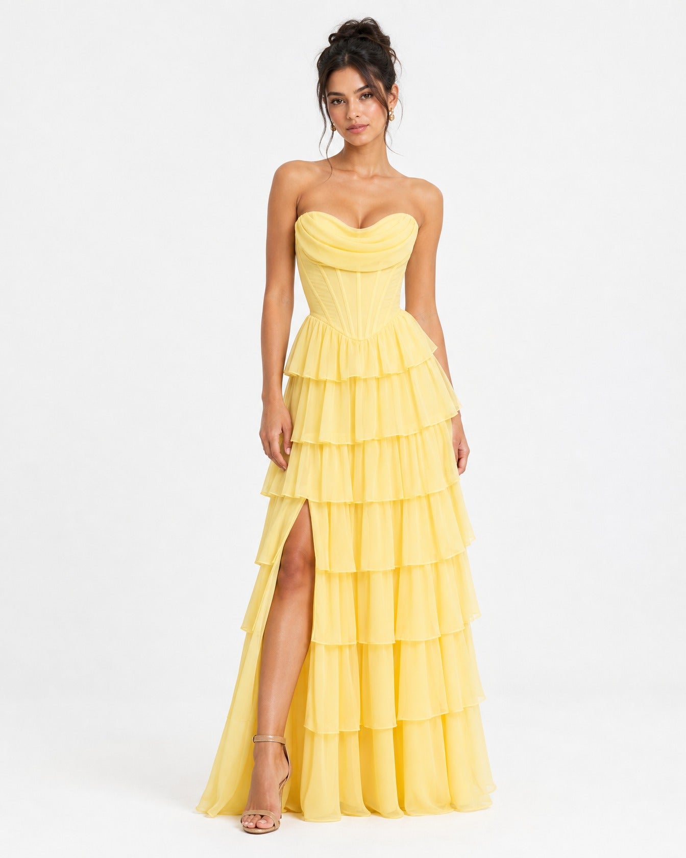 Yellow Strapless Tiered Chiffon A-Line Dress