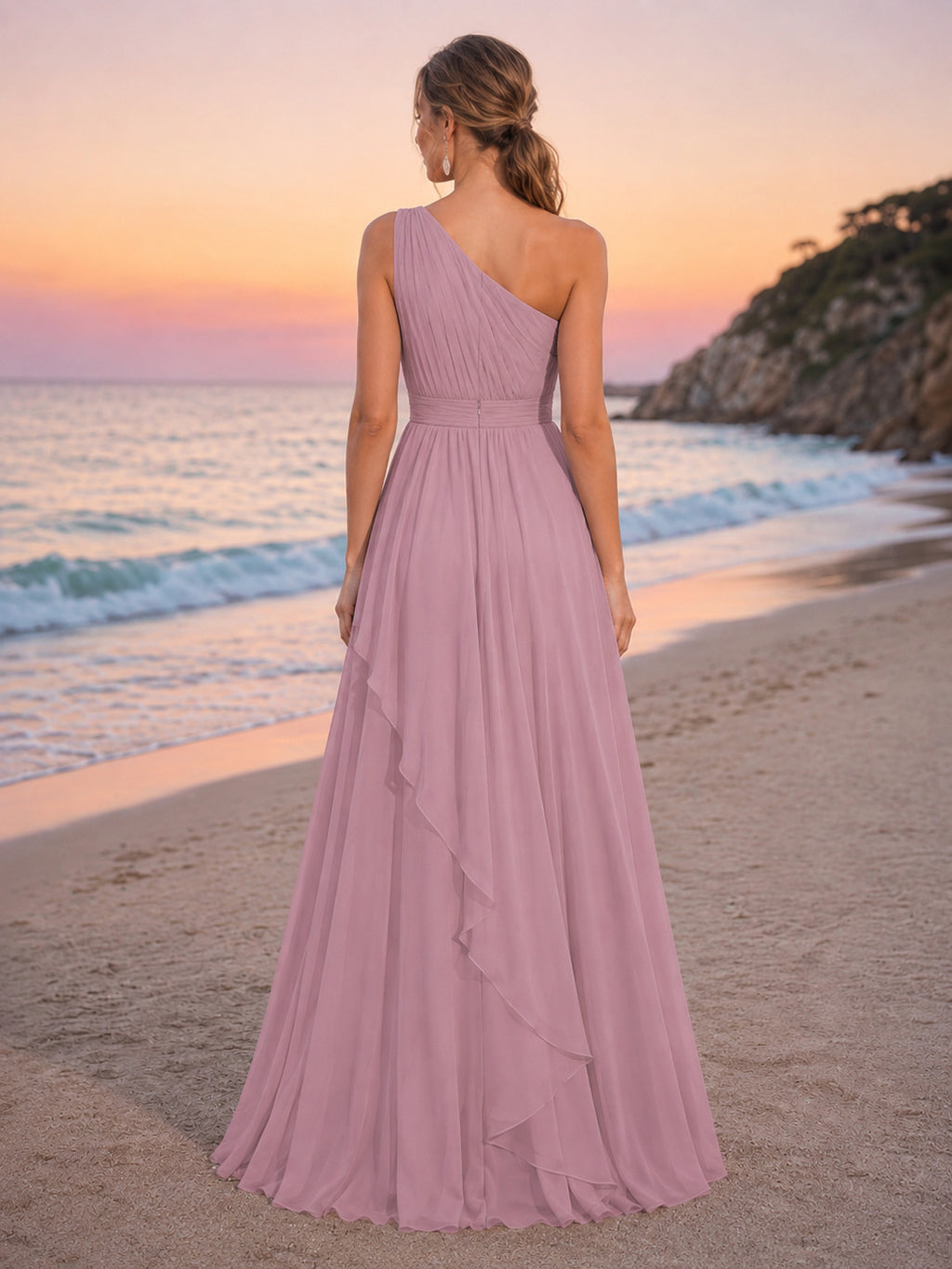 Blush One-Shoulder Chiffon A-Line Sunset Beach Bridal Dress back view