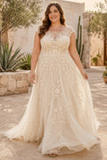 Plus Size Ivory Cap Sleeve Lace A-Line Wedding Dress with Chapel Train front view
