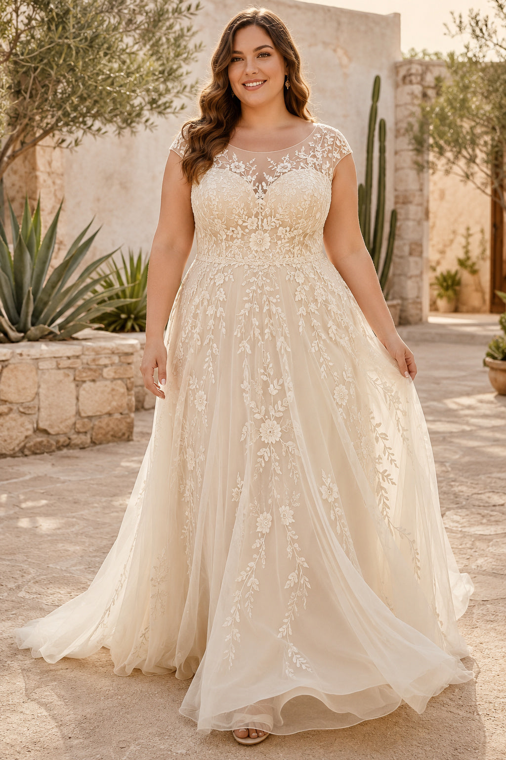 Plus Size Ivory Cap Sleeve Lace A-Line Wedding Dress with Chapel Train front view