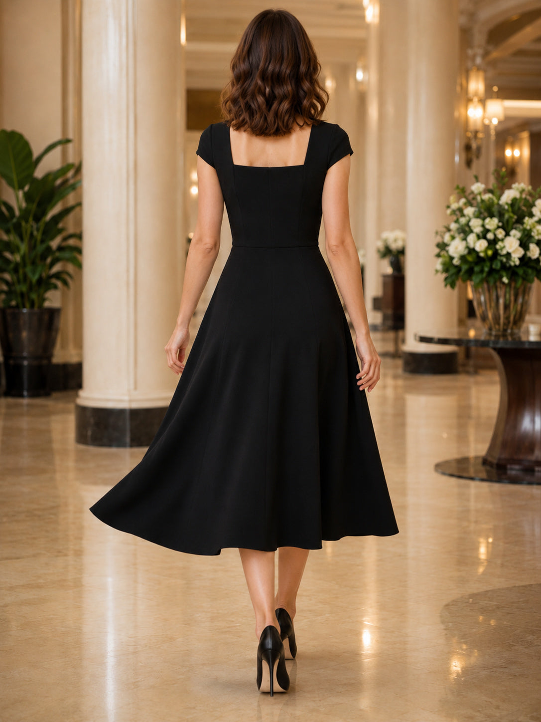 Black square neck cap sleeve A-line satin midi dress back view