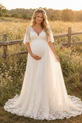 Ivory Plus Size Maternity V-Neck Flutter Sleeve Lace A-Line Wedding Dress with Chapel Train front view