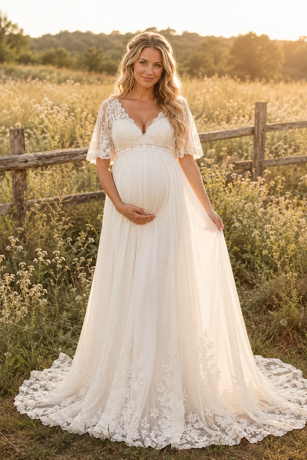 Ivory Plus Size Maternity V-Neck Flutter Sleeve Lace A-Line Wedding Dress with Chapel Train front view